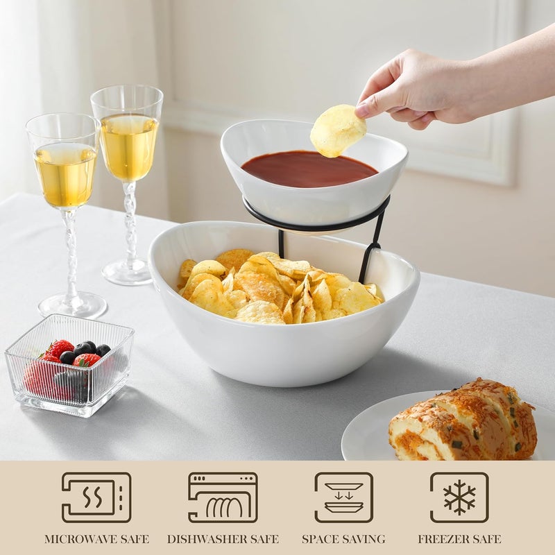 MALACASA 2 Tier Chip and Dip Serving Set with Metal Stand,Ceramic Appetizer Bowls for Party, Multi-Use Food Display for Fruits, Snacks,White Elegant Tiered Serving Dishes for Party - Image 4